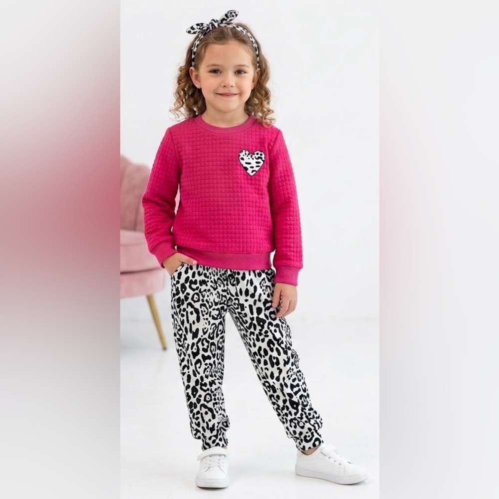 3-Piece Quilted Sweatshirt Heart Leopard Print Pants & Hairpiece Size 3T/4T